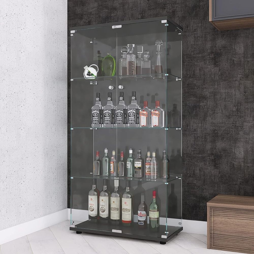 Display Stand Wood - خزانة عرض زجاجية بأربعة أرفف وبابين،